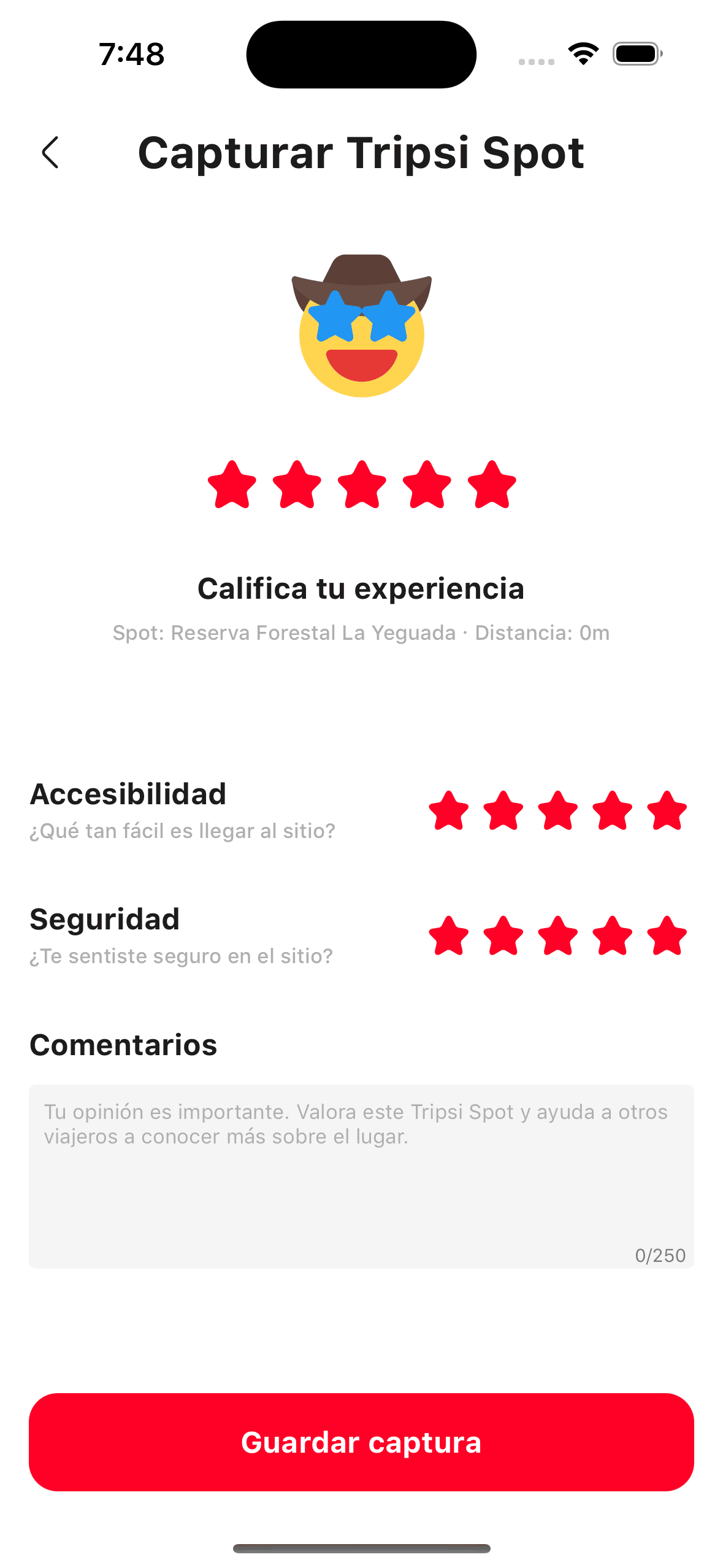 Pantalla de evaluación de Tripsi con estrellas para experiencia, accesibilidad y seguridad