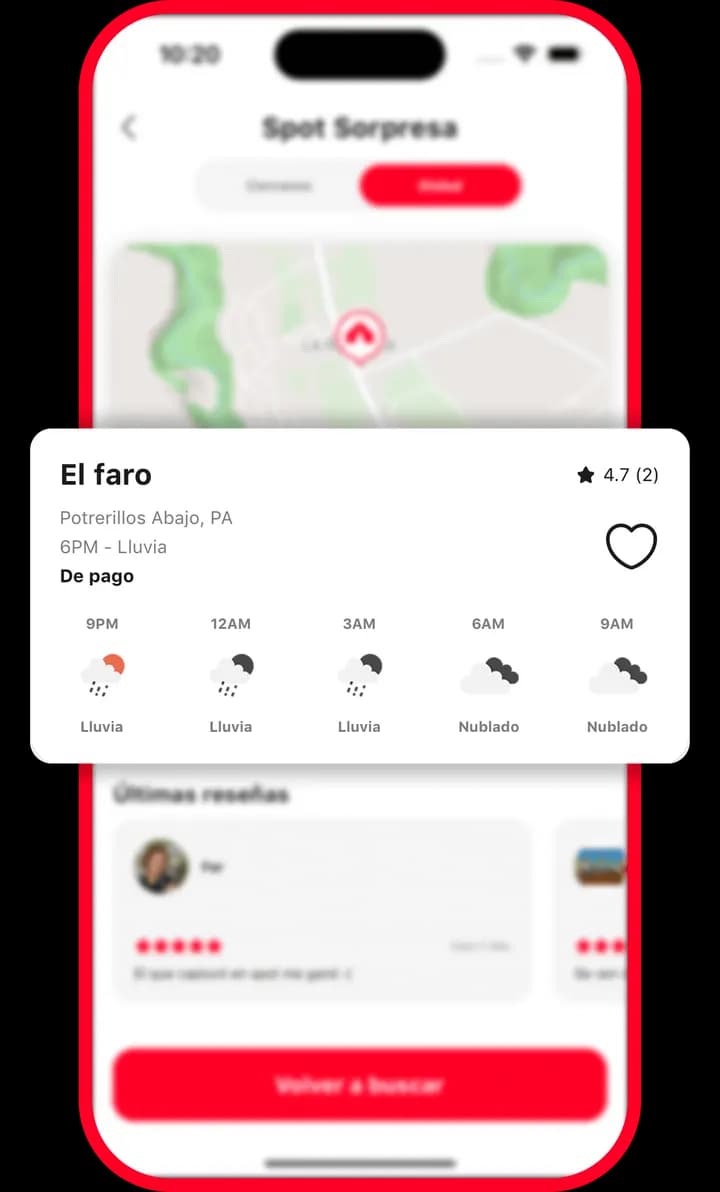 Tarjeta de spot en Tripsi mostrando el pronóstico por horas de El faro